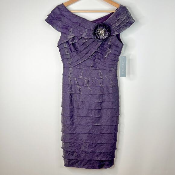 London Times Tiered Off Shoulder Cocktail Dress NEW Sz 8 Eggplant Purple Ruffle - Picture 1 of 10